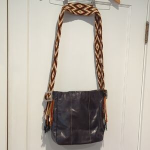 Black Leather Bag with Patterned Fringed Strap